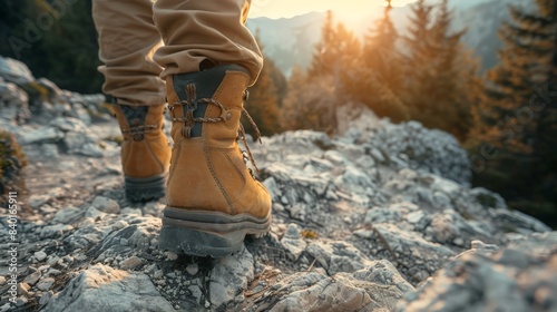 feet in hiking boots on a rocky trail, symbolizing adventure and exploration. 