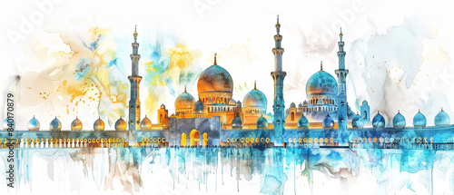 Watercolor hand draw The Sheikh Zayed Grand Mosque in Abu Dhabi UAE
