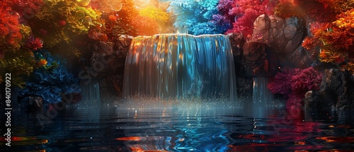 Waterfall surrounded by a mosaic of colors, vibrant colors, digital art, detailed textures, artistic feel 8K , high-resolution, ultra HD,up32K HD
