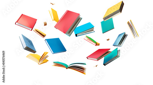 Colorful hardcover books flying isolated on transparent background