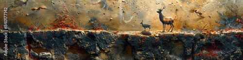 In a painting, two deer are standing on a rocky cliff in a wild landscape