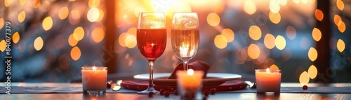 A romantic dinner setting with wine glasses, candles, and bokeh lights in the background, creating a warm, intimate atmosphere.