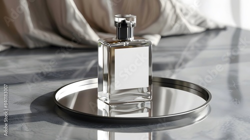 Blank Label Perfume Bottle: A stylish perfume bottle with no label on a mirrored tray.