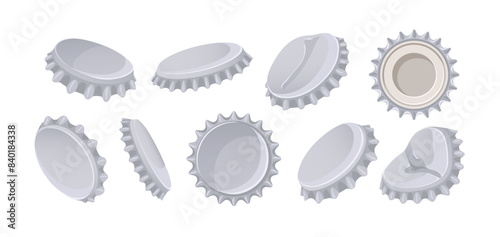 Metal caps, bottle lids set. Bottlecaps, beer corks views from different side. Aluminum metallic covers, round chrome badges, drink plugs. Flat graphic vector illustration isolated on white background
