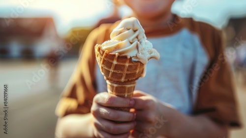 Midsection of boy holding melting ice cream cone while standing outdoors