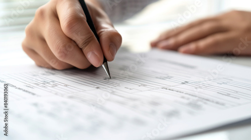 Close-up of a man holding a pen and putting a tick on a piece of paper. The concept of filling out a job application form or voting ballot.