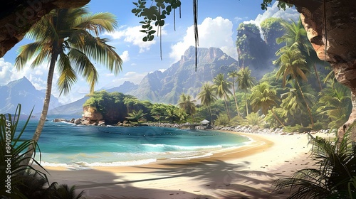 A beautiful view from a mountain cave of a beautiful tropical beach against a serene sea or ocean backdrop. Sunny day. Natural background. Illustration for cover, card, interior design, brochure, etc.