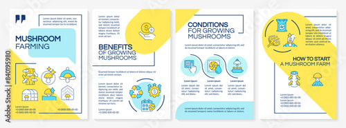 Mushroom farming yellow and blue brochure template. Benefits. Leaflet design with linear icons. Editable 4 vector layouts for presentation, annual reports. Questrial, Lato-Regular fonts used