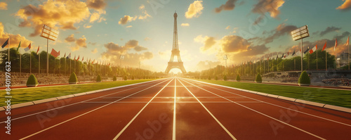 Athletics track in front of Eiffel Tower on Olympic 2024 games 2024 stadium