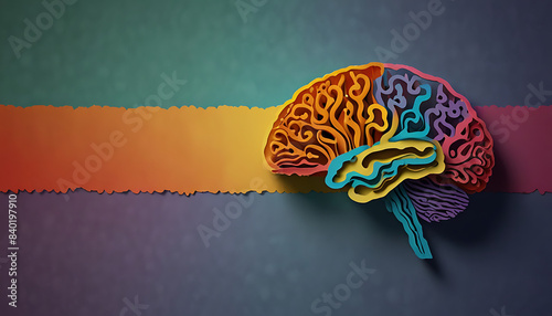 A paper cut out of layers of human brain on a colorful paper cut background with copy space, brain development concept 