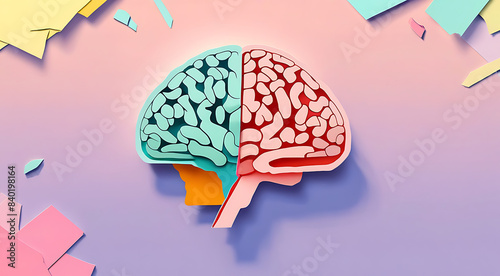 A paper cut out of layers of human brain on a colorful paper cut background with copy space, brain development concept 