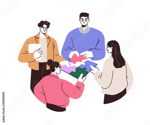 Teamwork concept. Business team connecting jigsaw, matching puzzle pieces. Corporate partnership concept. People building unity for work goal. Flat vector illustration isolated on white background