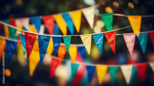 A festive string of colorful triangular flags, suggesting a celebration 