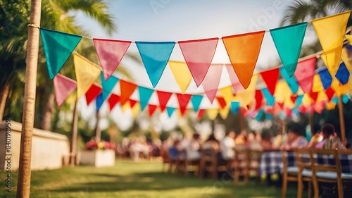 A festive string of colorful triangular flags, suggesting a celebration