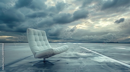 Sleek modern chair on an airfield runway, dramatic sky overhead, representing the concept of progress and achievement