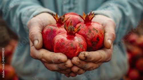 Selective focus on hands holding pomegranates, close-up shot capturing the harvest with a raw, natural look