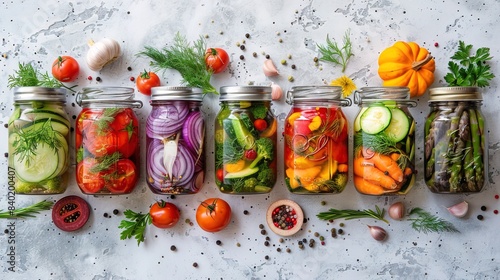 Home preservation, canning for the winter. 7 glass jars with canned vegetables