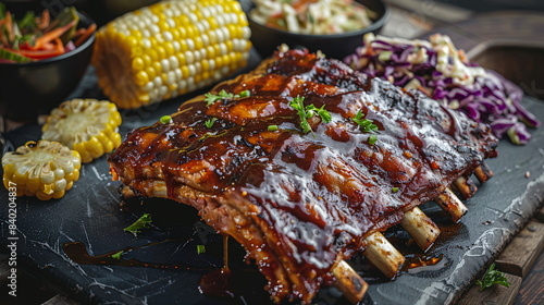 Smoky BBQ ribs with a sticky glaze, served on a platter with corn on the cob and coleslaw.