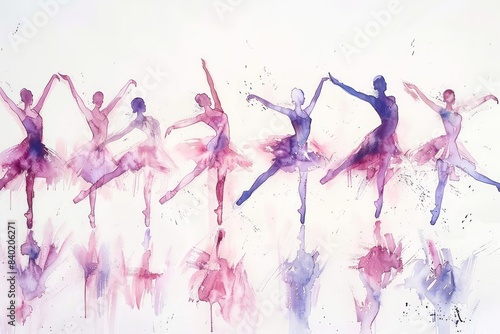 A set of watercolor paintings shows the progression of different ballet poses, capturing the grace and fluidity of the dance