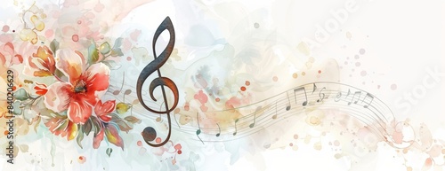 A beautiful musical note with colorful floral elements on a white background without borders.