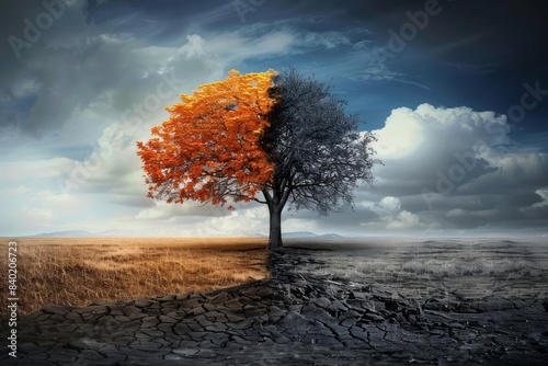 A striking image of a tree stands divided, with one half alive and vibrant, the other desolate and dead, highlighting the contrast between life and death