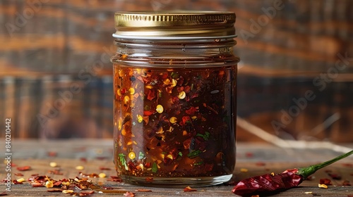 Chili oil in a jar, food background