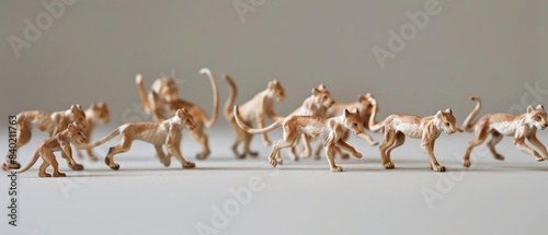 Isolated on a clean surface, a set of tiny animal figures strike dynamic poses, capturing lifelike movement