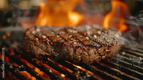 beef ribeye steak grilling on flaming grill