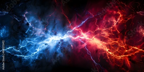 Red and blue lightning bolt symbolizes conflict or opposition in vivid colors. Concept Conflict vs, Harmony, Opposing Forces, Red vs, Blue, Color Symbolism, Lightning Bolt Symbolism