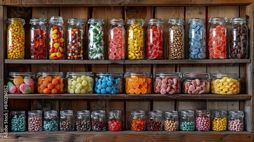 Assorted colorful candies in clear jars on a wooden shelf 