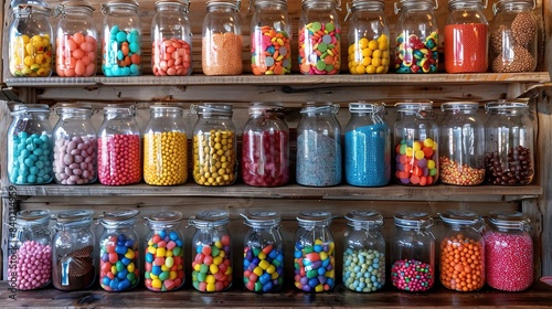 Assorted colorful candies in clear jars on a wooden shelf 