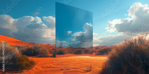 Generative ai illustration of a rectangular Mirror plane in the middle the desert