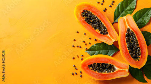 Cut papaya over orange table background for tropical fruit design concept. Top view with copy space. Ideal for healthy lifestyle, nutrition, and summer-themed designs.