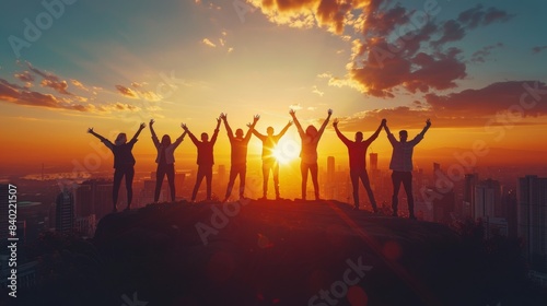 Group of People Celebrate Success at Sunset Over City