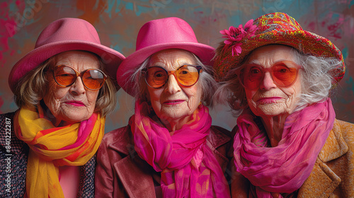 Three older women posing while wearing pink outrageous flat caps hats and flamboyant and eccentric clothing.