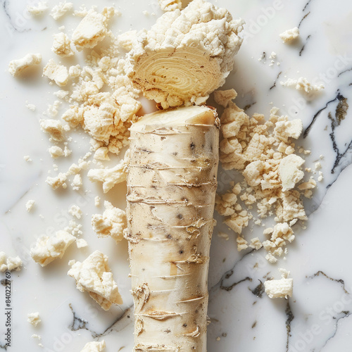 Horseradish root and grated horseradish isolated on white background