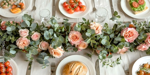 Wedding table adorned with pink eucalyptus floral garland and Italian cuisine. Concept Italian Cuisine, Pink Floral Garland, Wedding Table Decor, Eucalyptus Decor, Wedding Reception