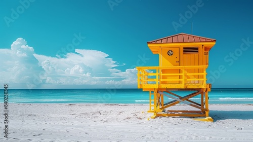 A yellow lifeguard stand stands on a white sand beach under a clear blue sky, summer vacation.