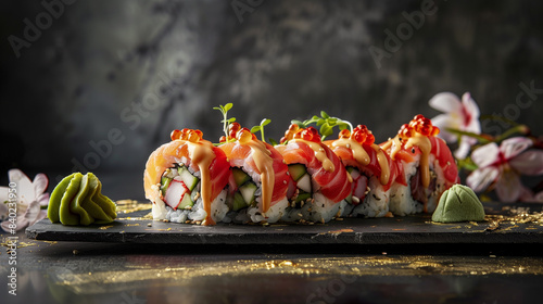 elegante roll uramaki with salmon, fresh sushi luxury