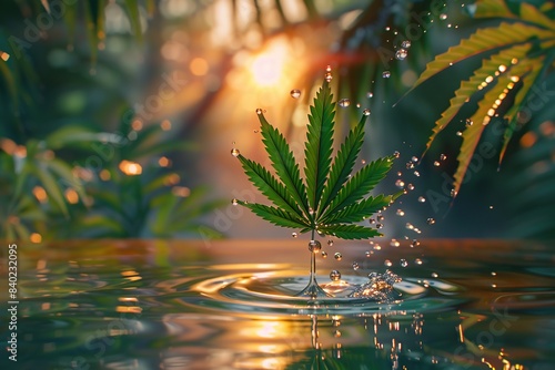 Marijuana leaf in splash of a water at sunset. Ai generative