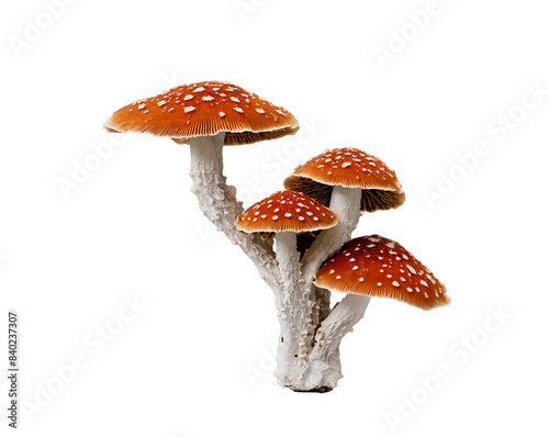 A cluster of red-capped, white-dotted wild mushrooms isolated on white background suggesting natural growth