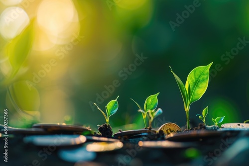 A pile of coins with small plants growing out of them