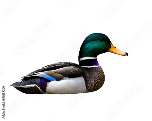 Isolated image of a male mallard duck showing its distinctive coloring and plumage