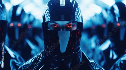 A person wearing a futuristic-looking helmet with bright red eyes, likely a sci-fi or fantasy character