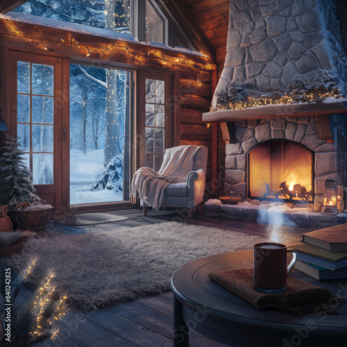 A warm and inviting scene of a cozy cabin tucked away in a snow-covered forest. The rustic wooden exterior is adorned with twinkling fairy lights, and the large stone fireplace inside emits a comforti