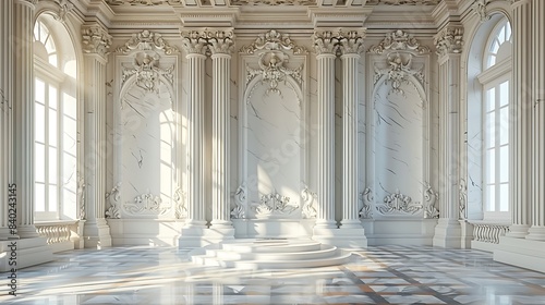 A white marble podium in a classical museum setting, adorned with ornate details and bathed in soft light, positioned centrally with ample copy space.