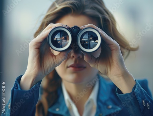 A person gazing through a pair of binoculars, possibly for birdwatching or nature observation