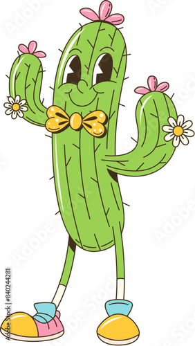 Cartoon groovy desert succulent cactus retro character with happy face, vector comic. Groovy funny cactus with happy smile and flowers, 70s hippie art cartoon funky character with gentleman bow tie