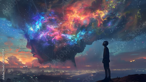 A man stands on a hill looking at a colorful sky with a city in the background. The sky is filled with stars and the colors are vibrant and bright