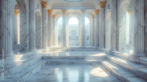 An elegant white marble podium in a classical museum-like environment, surrounded by ornate columns and soft, ambient lighting, centered with ample copy space.